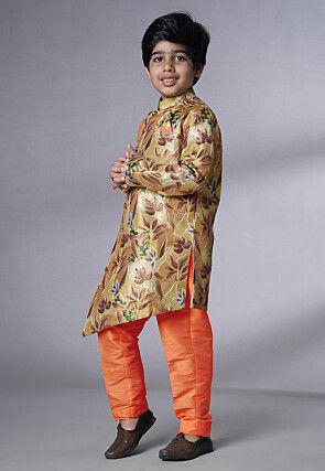 Digital Printed Dupion Silk Sherwani Set in Beige and Orange