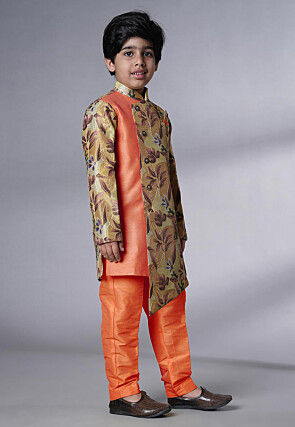 Digital Printed Dupion Silk Sherwani Set in Beige and Orange