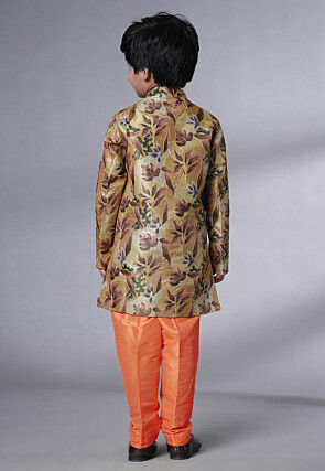 Digital Printed Dupion Silk Sherwani Set in Beige and Orange