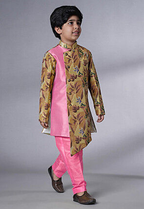 Digital Printed Dupion Silk Sherwani Set in Beige and Pink