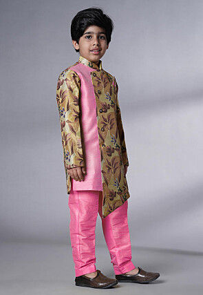 Digital Printed Dupion Silk Sherwani Set in Beige and Pink