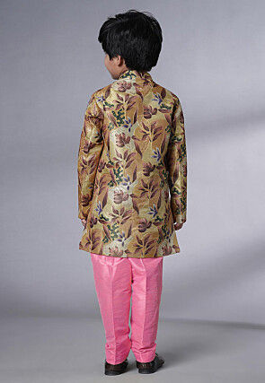 Digital Printed Dupion Silk Sherwani Set in Beige and Pink
