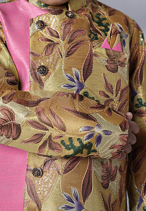 Digital Printed Dupion Silk Sherwani Set in Beige and Pink