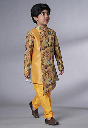 Digital Printed Dupion Silk Sherwani Set in Beige and Yellow