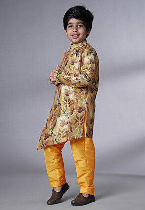 Digital Printed Dupion Silk Sherwani Set in Beige and Yellow