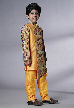 Digital Printed Dupion Silk Sherwani Set in Beige and Yellow