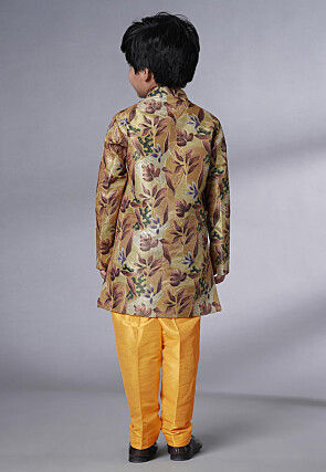 Digital Printed Dupion Silk Sherwani Set in Beige and Yellow