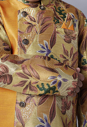 Digital Printed Dupion Silk Sherwani Set in Beige and Yellow