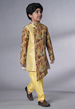 Digital Printed Dupion Silk Sherwani Set in Beige
