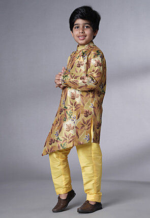 Digital Printed Dupion Silk Sherwani Set in Beige