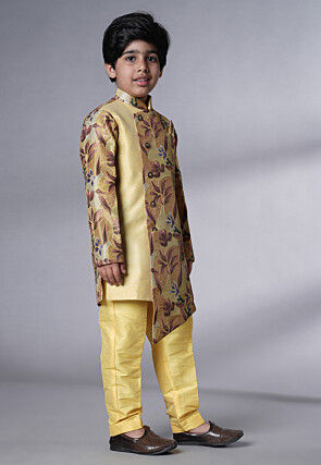 Digital Printed Dupion Silk Sherwani Set in Beige