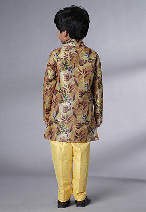 Digital Printed Dupion Silk Sherwani Set in Beige
