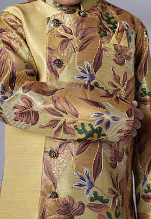 Digital Printed Dupion Silk Sherwani Set in Beige