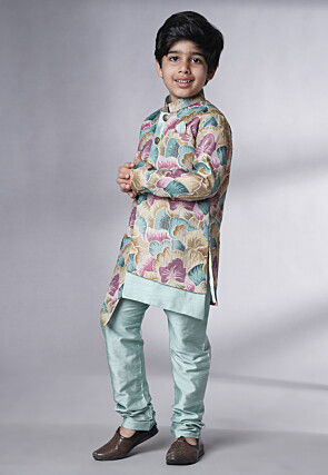 Digital Printed Dupion Silk Sherwani Set in Multicolor