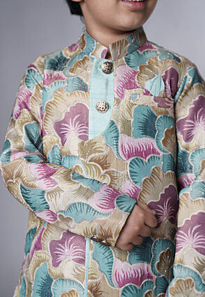 Digital Printed Dupion Silk Sherwani Set in Multicolor