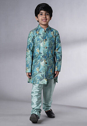Digital Printed Dupion Silk Sherwani Set in Teal Blue