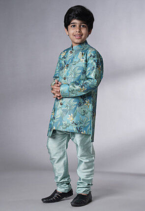 Digital Printed Dupion Silk Sherwani Set in Teal Blue