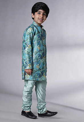 Digital Printed Dupion Silk Sherwani Set in Teal Blue