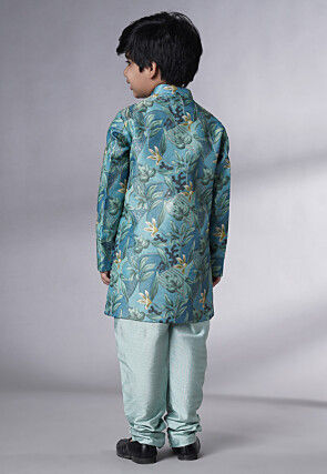 Digital Printed Dupion Silk Sherwani Set in Teal Blue