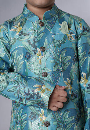 Digital Printed Dupion Silk Sherwani Set in Teal Blue