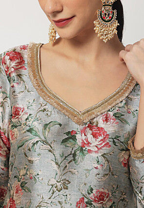 Digital Printed Dupion Silk Straight Kurta Set in Light Grey