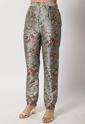 Digital Printed Dupion Silk Straight Kurta Set in Light Grey