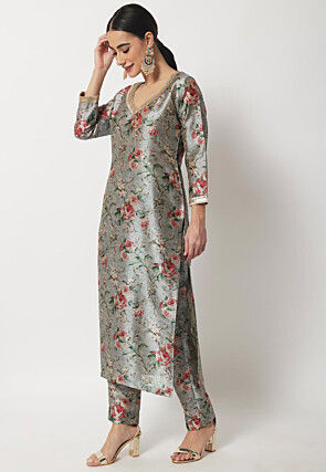Digital Printed Dupion Silk Straight Kurta Set in Light Grey