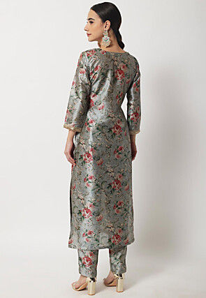Digital Printed Dupion Silk Straight Kurta Set in Light Grey
