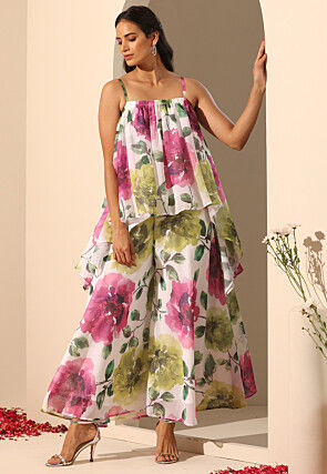 Digital Printed Georgette Co Ord Set in White