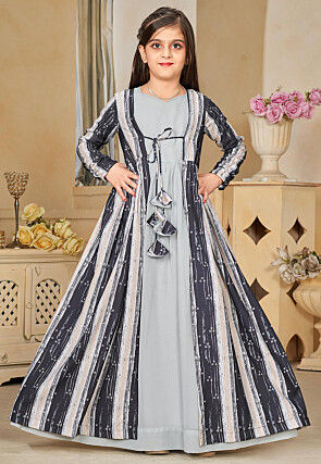 Digital Printed Georgette Gown in Grey
