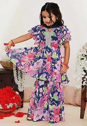 Digital Printed Georgette Pakistani Suit in Blue and Multicolor