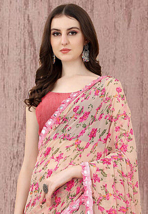 Digital Printed Georgette Saree in Beige