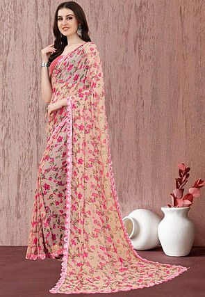 Digital Printed Georgette Saree in Beige