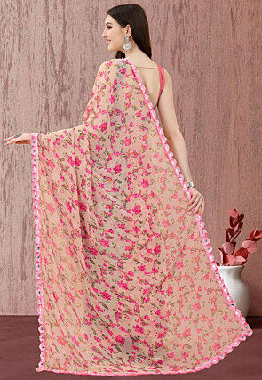 Digital Printed Georgette Saree in Beige