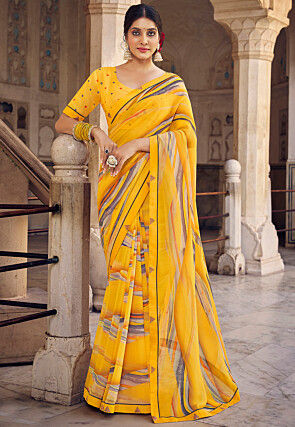 Digital Printed Georgette Saree in Yellow
