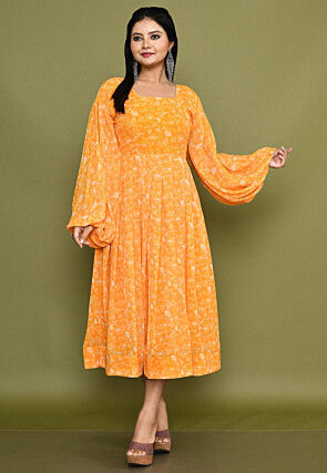 Digital Printed Georgette A Line Dress in Orange