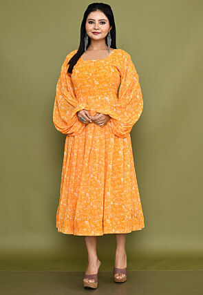 Digital Printed Georgette A Line Dress in Orange