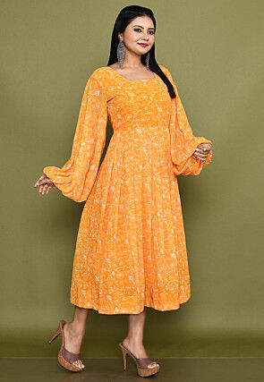 Digital Printed Georgette A Line Dress in Orange