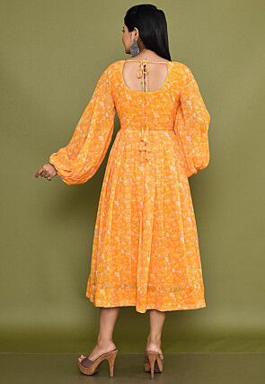 Digital Printed Georgette A Line Dress in Orange