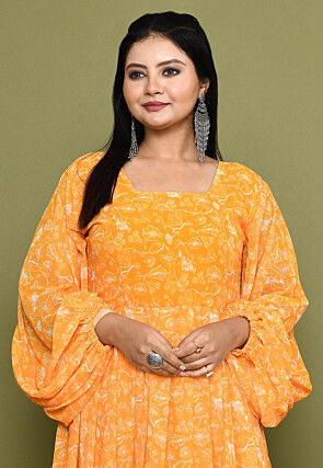 Digital Printed Georgette A Line Dress in Orange