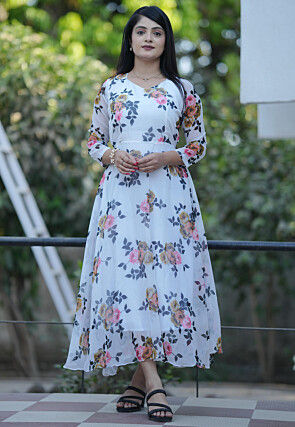 Digital Printed Georgette A Line Dress in White
