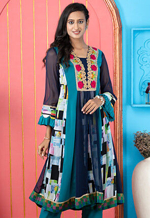 Digital Printed Georgette A Line Kurta in Blue