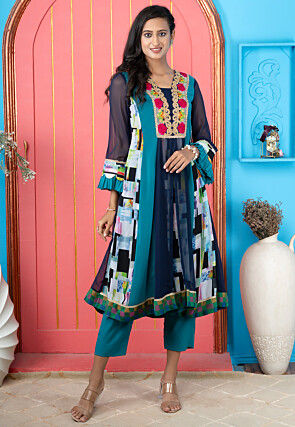 Digital Printed Georgette A Line Kurta Set in Blue
