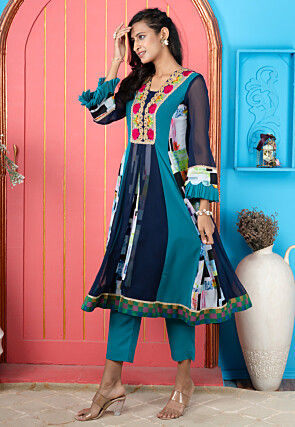 Digital Printed Georgette A Line Kurta Set in Blue
