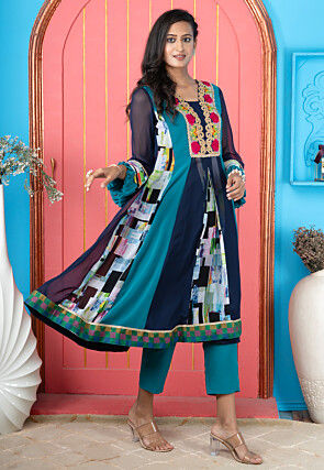 Digital Printed Georgette A Line Kurta Set in Blue