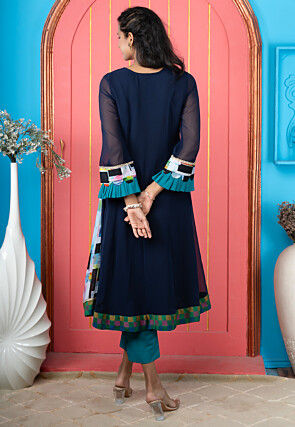 Digital Printed Georgette A Line Kurta Set in Blue