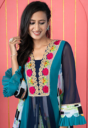 Digital Printed Georgette A Line Kurta Set in Blue