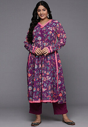 Digital Printed Georgette A Line Kurta Set in Purple