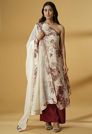 Digital Printed Georgette A Line Suit in Beige