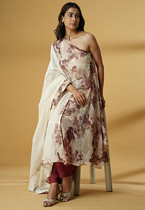 Digital Printed Georgette A Line Suit in Beige